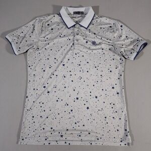 G/FORE Polo Shirt Mens Medium Grey Navy Blue Star Constellation Print Golf Tee